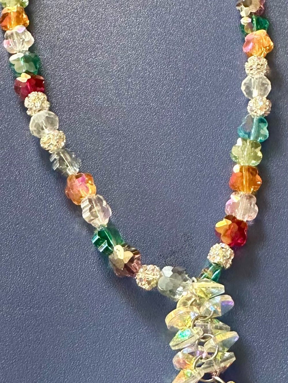Hand Crafted Multicolor Crystal Beaded Necklace with Iridescent Teardrop - Picture 5 of 7